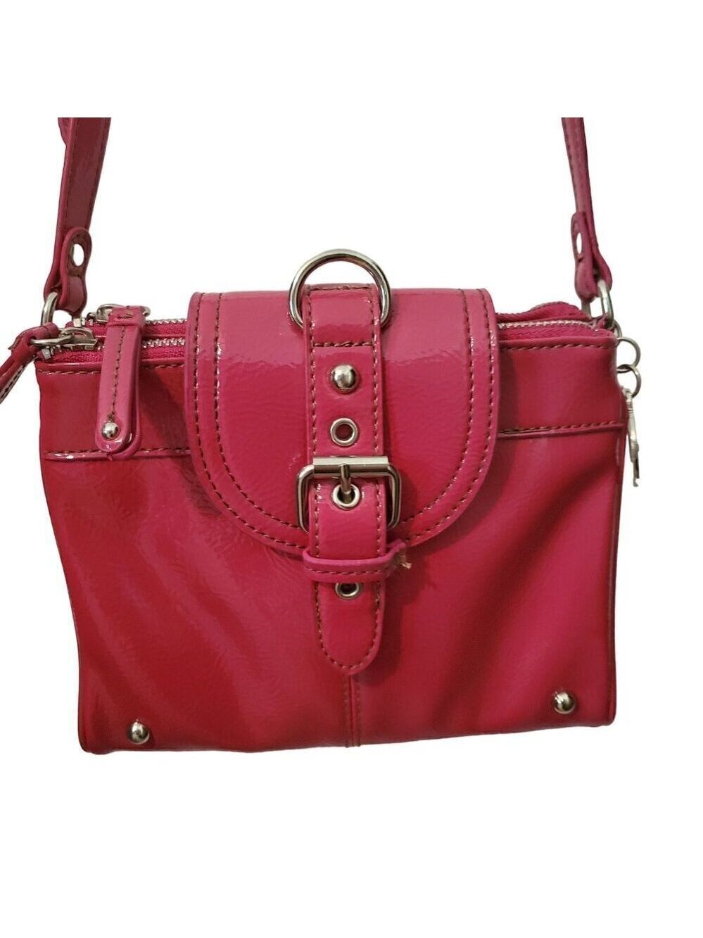 Nine West Pink Patent Vegan Crossbody Bag with Buckle Detail & Adjustable Strap